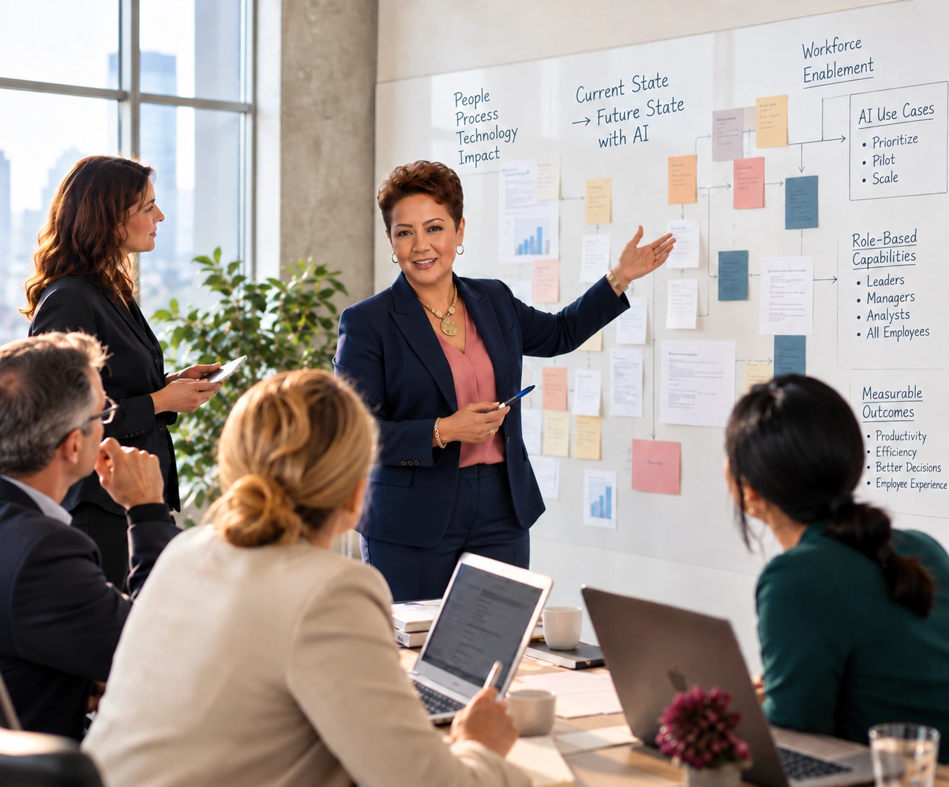 Nilda Thomas in a coordinated navy pantsuit leading a small-group AI strategy and workforce workshop