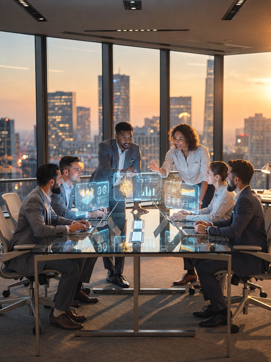 Diverse professionals collaborating with laptops and holographic business graphics in a brightened executive office